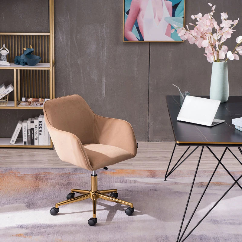 Velvet Adjustable Height Swivel Executive Office Chair with Gold Legs, Ergonomic Backrest, 58x58x86 cm, Coffee