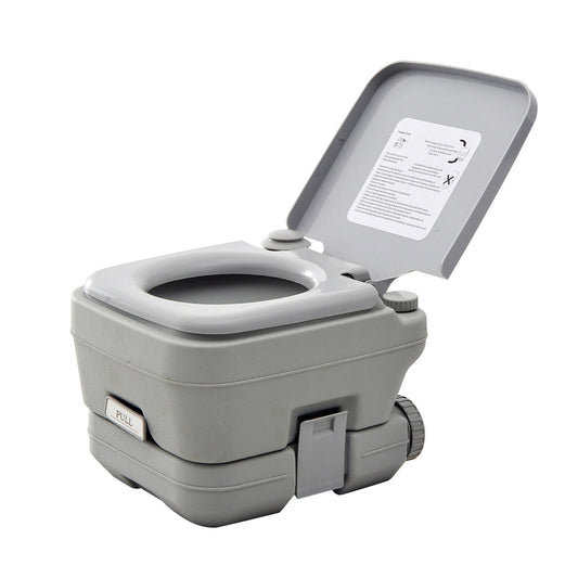 HOMCOM 10L Portable Toilet for Adults, Outdoor Camping Toilet with 2 Detachable Tanks & Push-button Operation, Compact Outdoor Travel Potty Loo with Lid, Seat for Fishing, Hiking, Picnic, Grey
