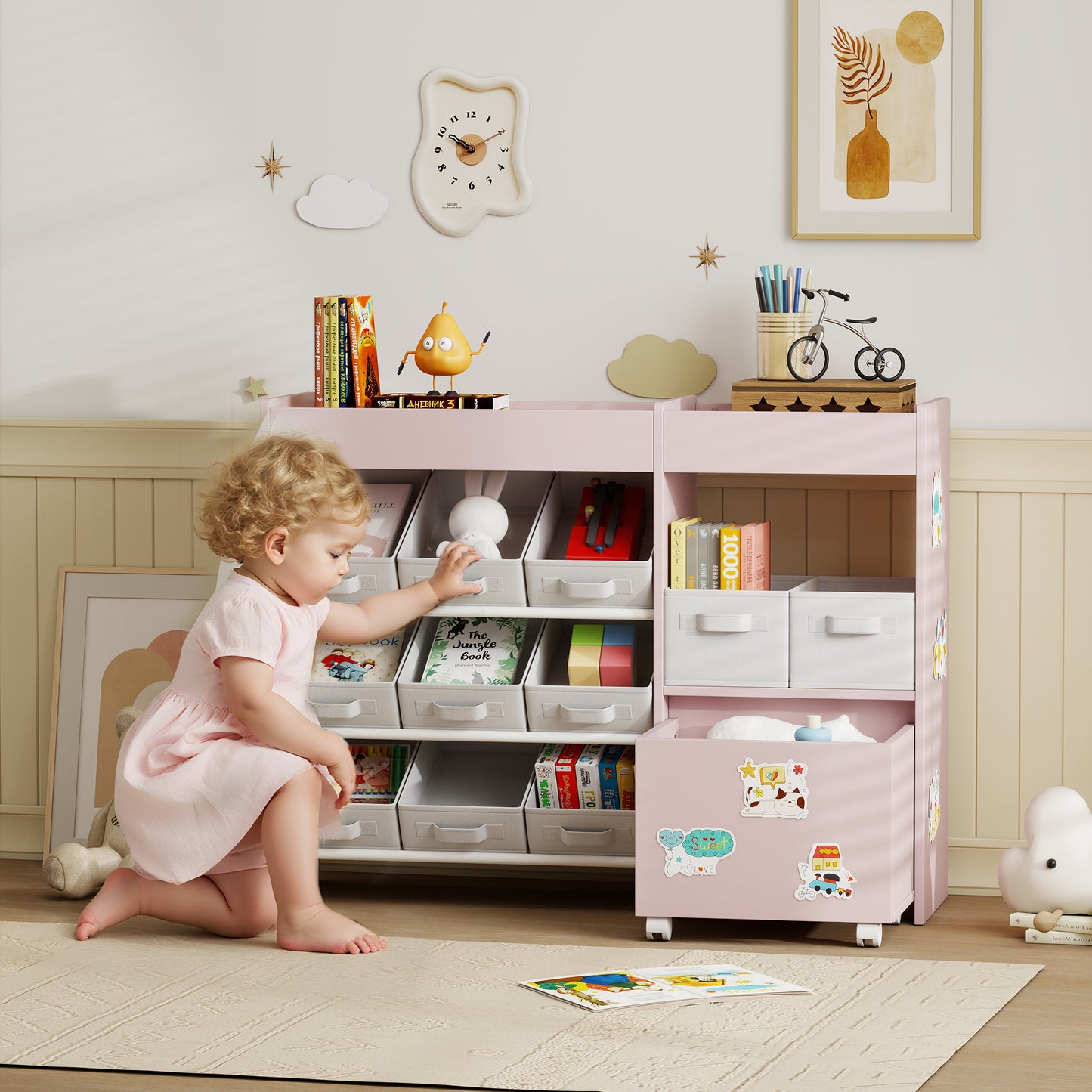 AIYAPLAY Kids Toy Storage Unit with 11 Bins, Cabinet, Top Shelves, 3 Stickers, for Nursery, Playroom, Pink