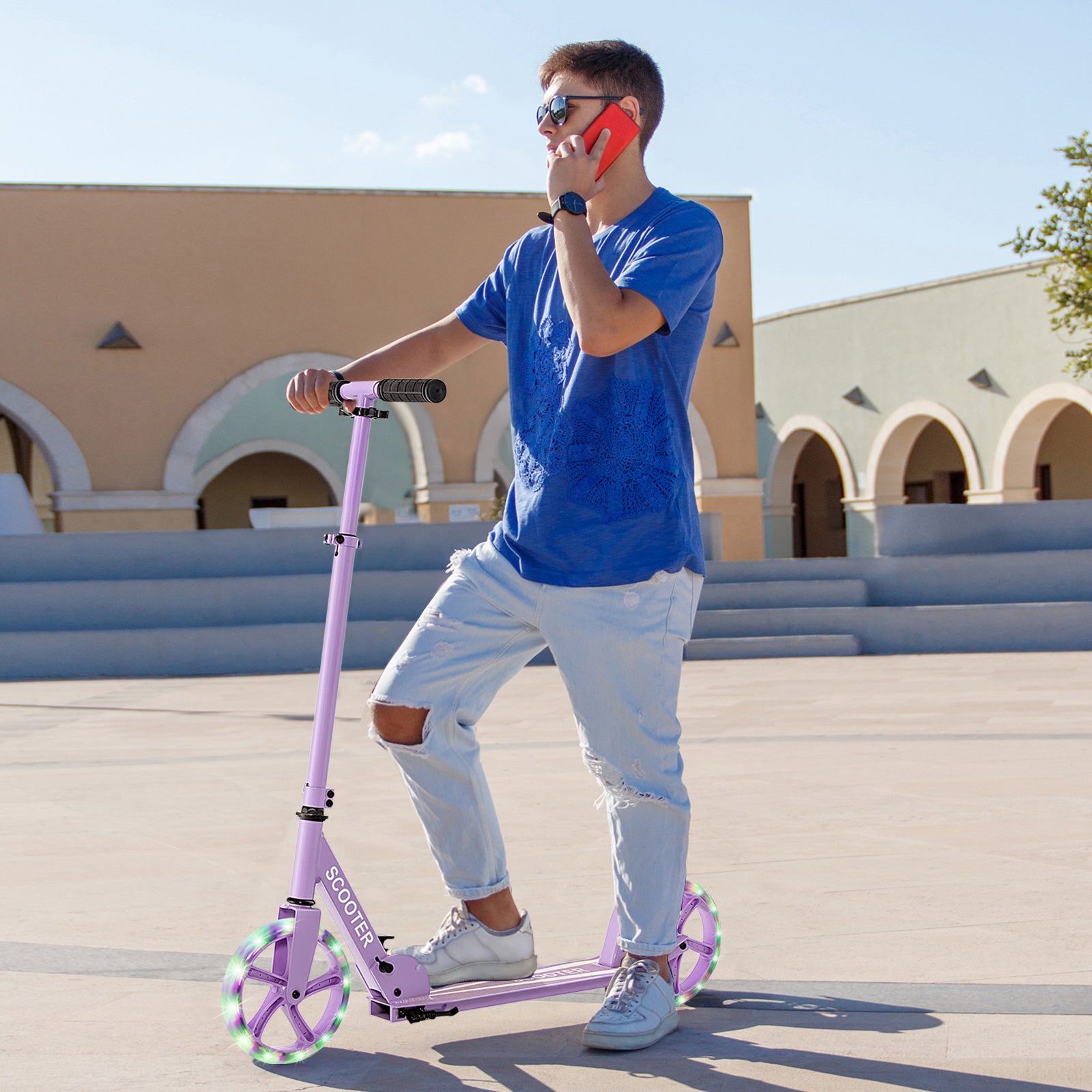 Kick Scooter Foldable and Adjustable Design with 2 Big Wheels and LED Lights-Purple