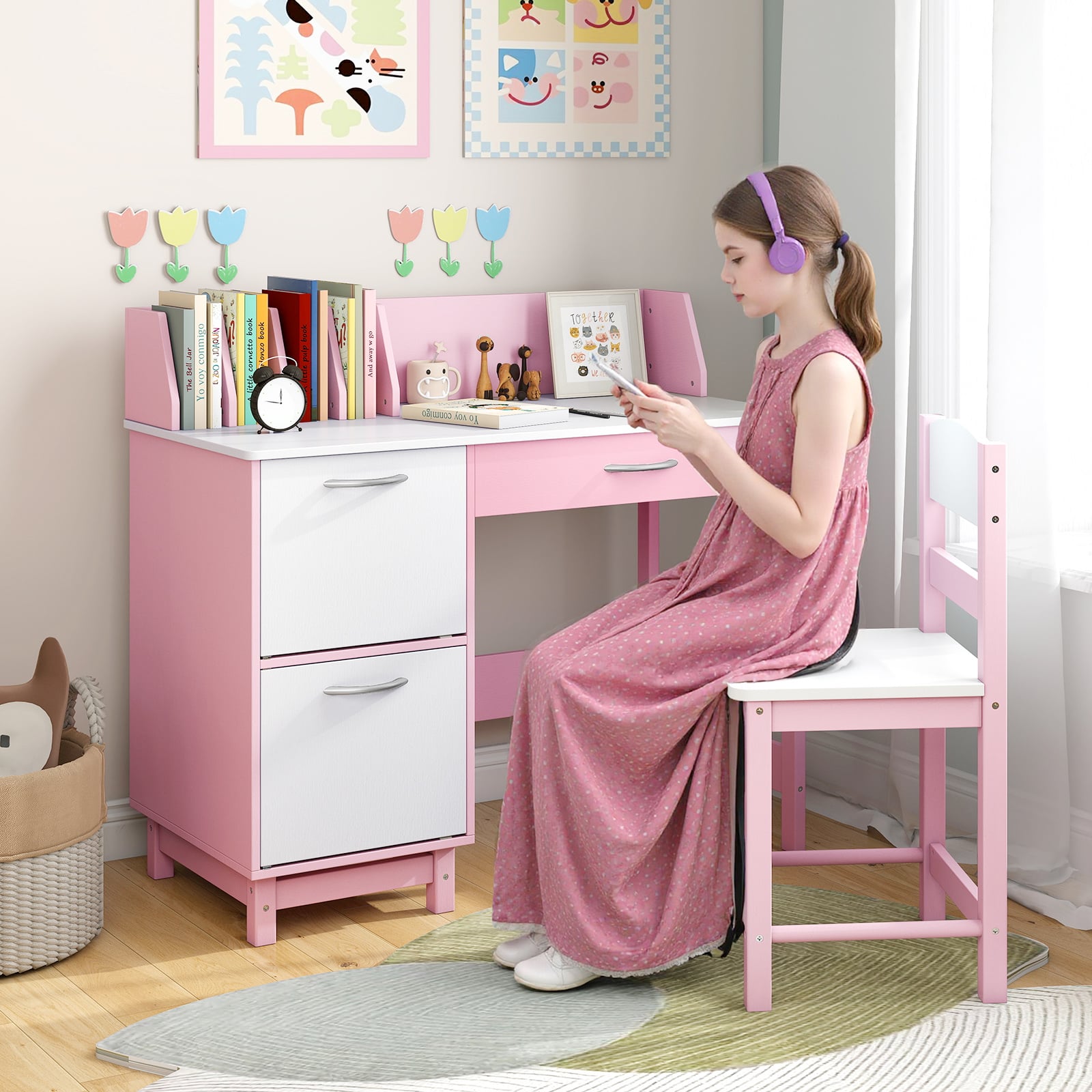 Kid's Study Desk and Chair Set with Deep Drawer and Enclosed Cabinets-Pink