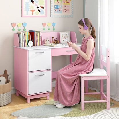 Kid's Study Desk and Chair Set with Deep Drawer and Enclosed Cabinets-Pink