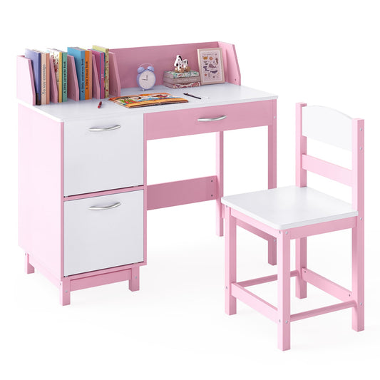 Kid's Study Desk and Chair Set with Deep Drawer and Enclosed Cabinets-Pink