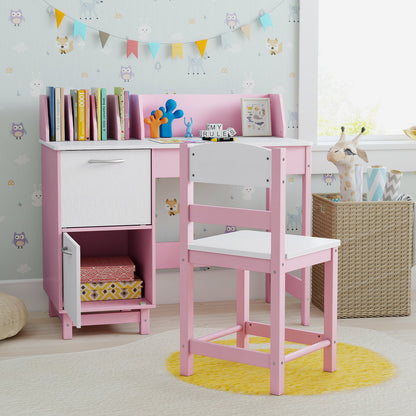 Kid's Study Desk and Chair Set with Deep Drawer and Enclosed Cabinets-Pink