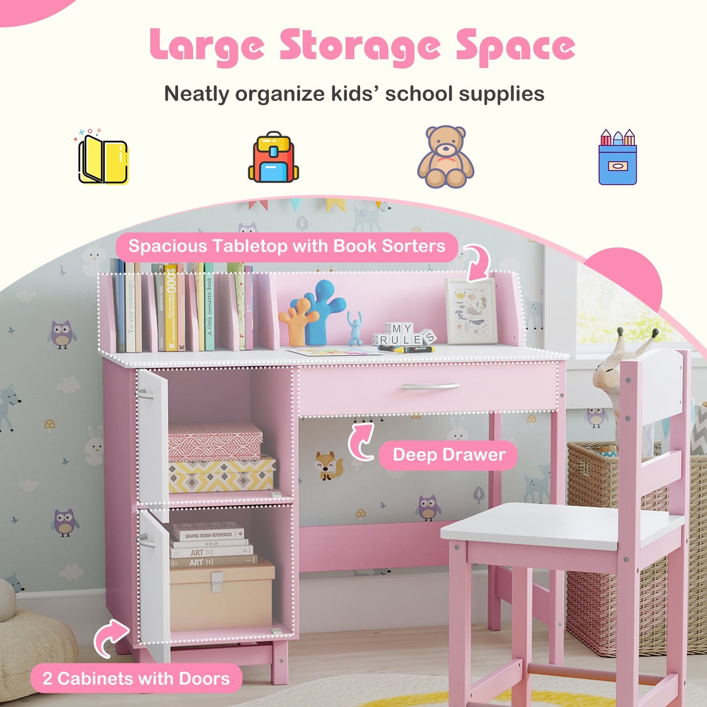 Kid's Study Desk and Chair Set with Deep Drawer and Enclosed Cabinets-Pink
