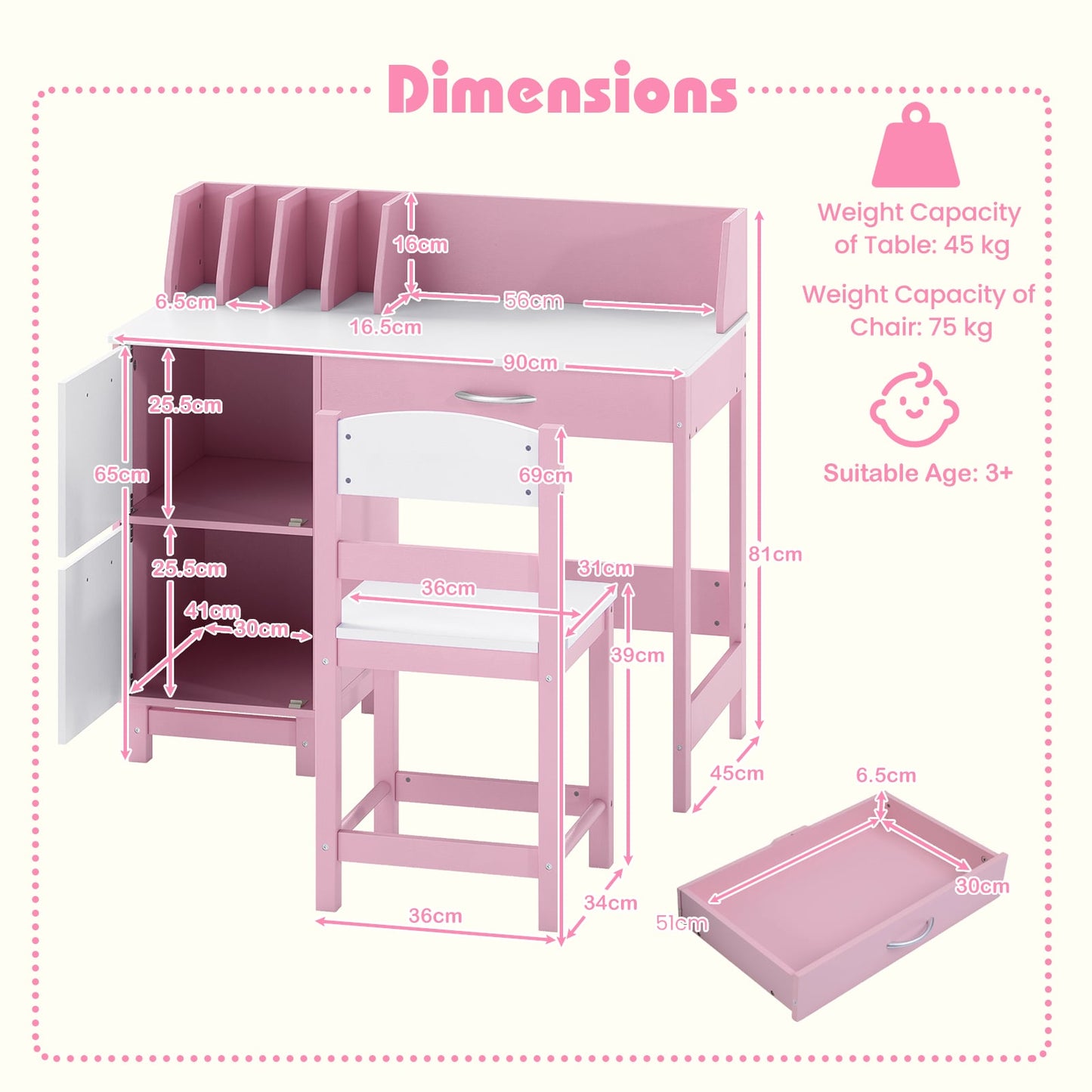 Kid's Study Desk and Chair Set with Deep Drawer and Enclosed Cabinets-Pink