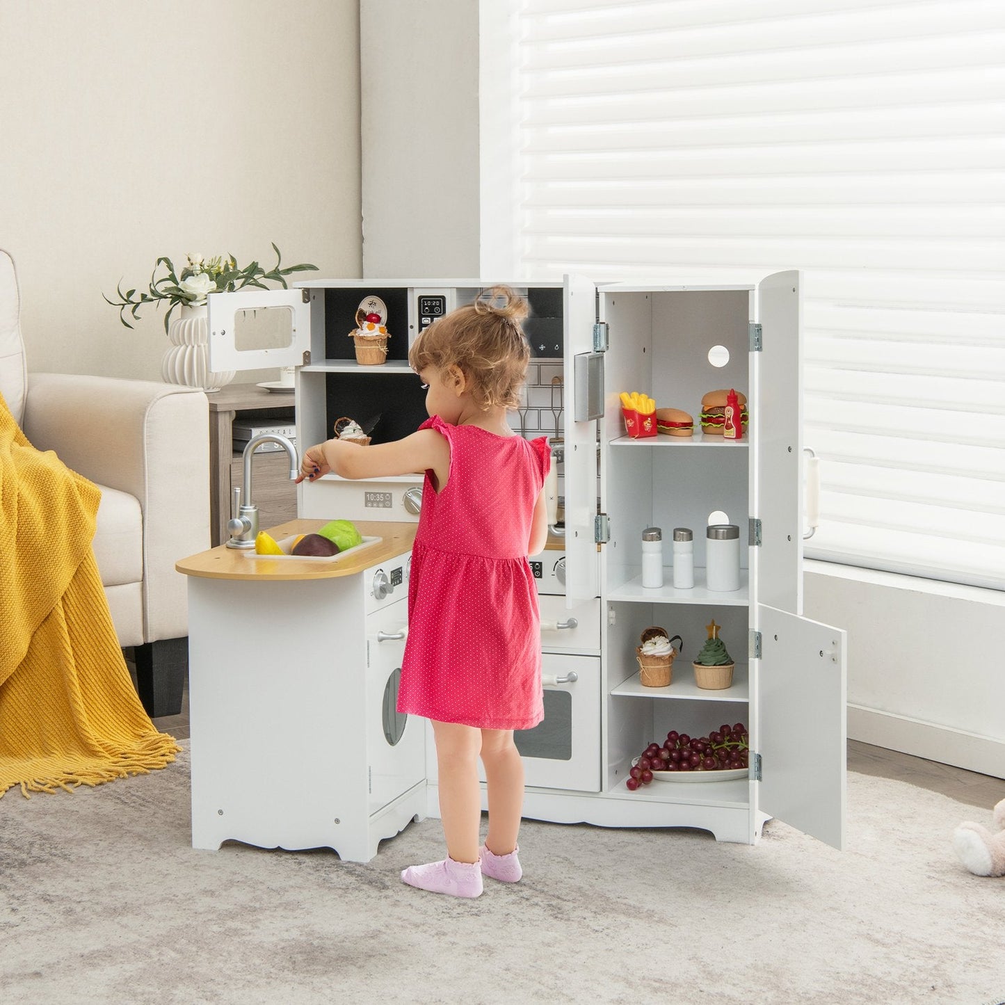 Kid's Corner Kitchen Playset Wooden Play Kitchen with Range Hood-White