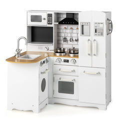 Kid's Corner Kitchen Playset Wooden Play Kitchen with Range Hood-White
