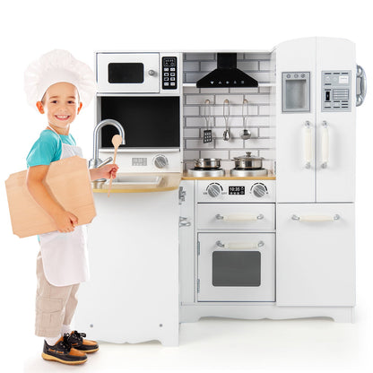 Kid's Corner Kitchen Playset Wooden Play Kitchen with Range Hood-White