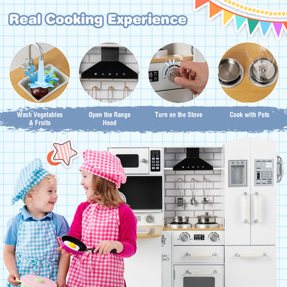 Kid's Corner Kitchen Playset Wooden Play Kitchen with Range Hood-White