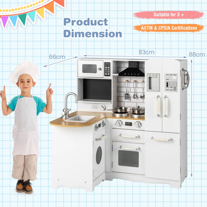Kid's Corner Kitchen Playset Wooden Play Kitchen with Range Hood-White