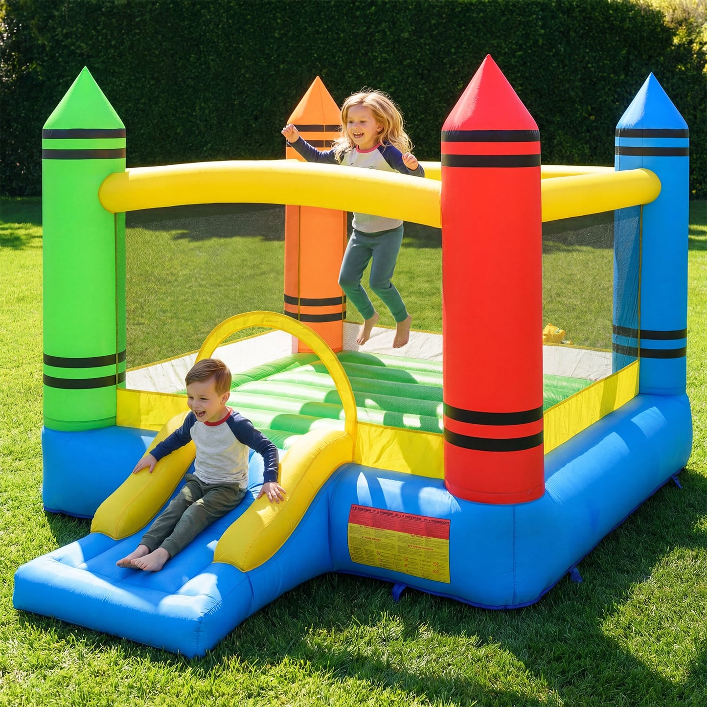 Kids 2-in-1 Crayon Themed Inflatable Bounce House with Slide (without Blower)