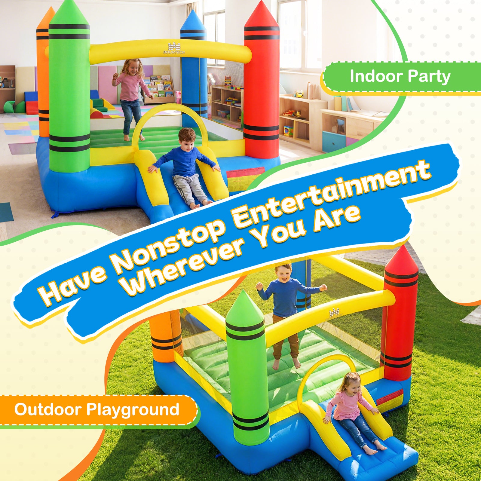 Kids 2-in-1 Crayon Themed Inflatable Bounce House with Slide (without Blower)