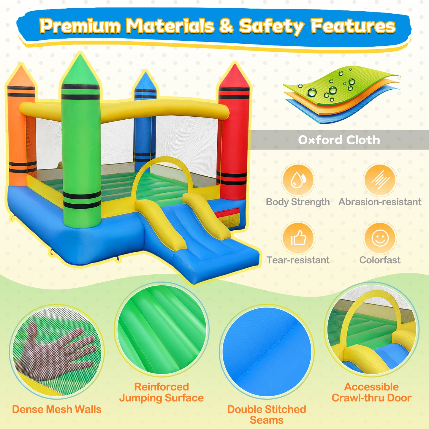 Kids 2-in-1 Crayon Themed Inflatable Bounce House with Slide (without Blower)