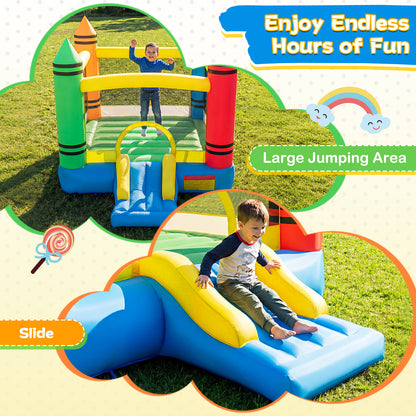 Kids 2-in-1 Crayon Themed Inflatable Bounce House with Slide (without Blower)