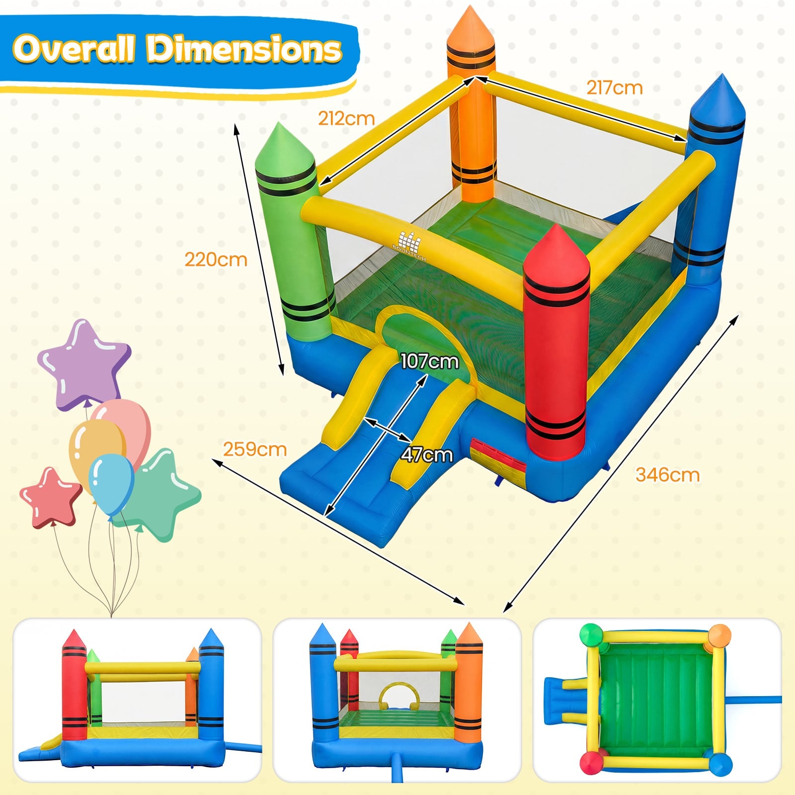 Kids 2-in-1 Crayon Themed Inflatable Bounce House with Slide (without Blower)