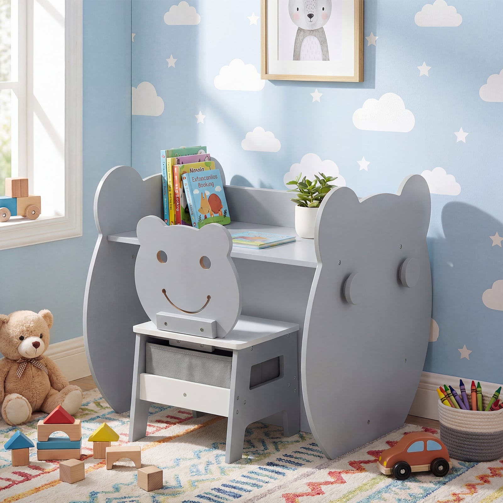 Kids' Art Table and Chair 3-in-1 Toddler Activity Table with Storage-Grey