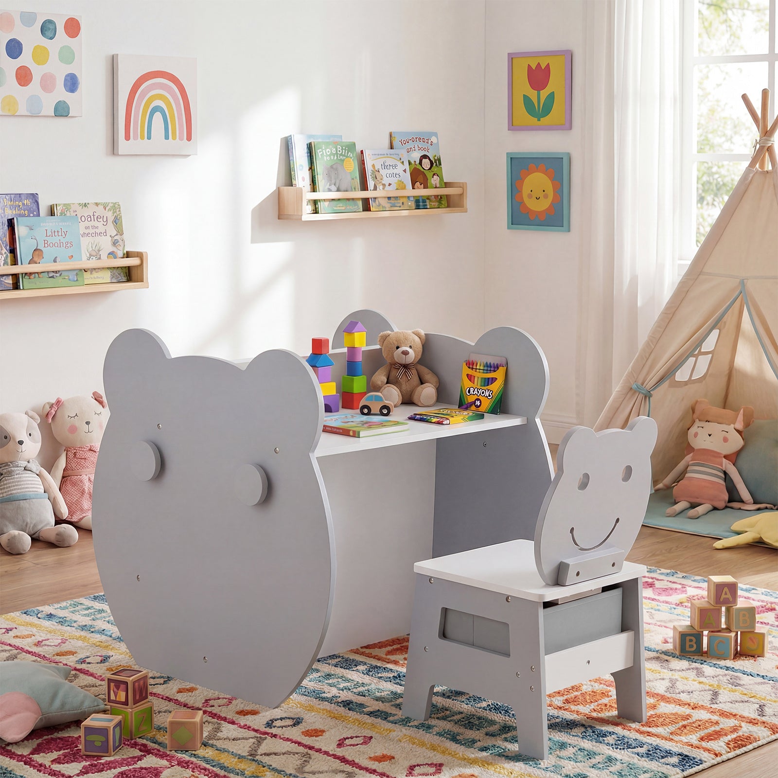 Kids' Art Table and Chair 3-in-1 Toddler Activity Table with Storage-Grey