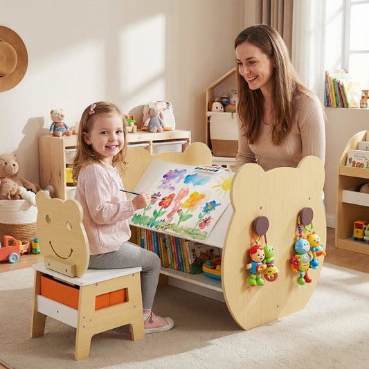 Kids' Art Table and Chair 3-in-1 Toddler Activity Table with Storage-Natural