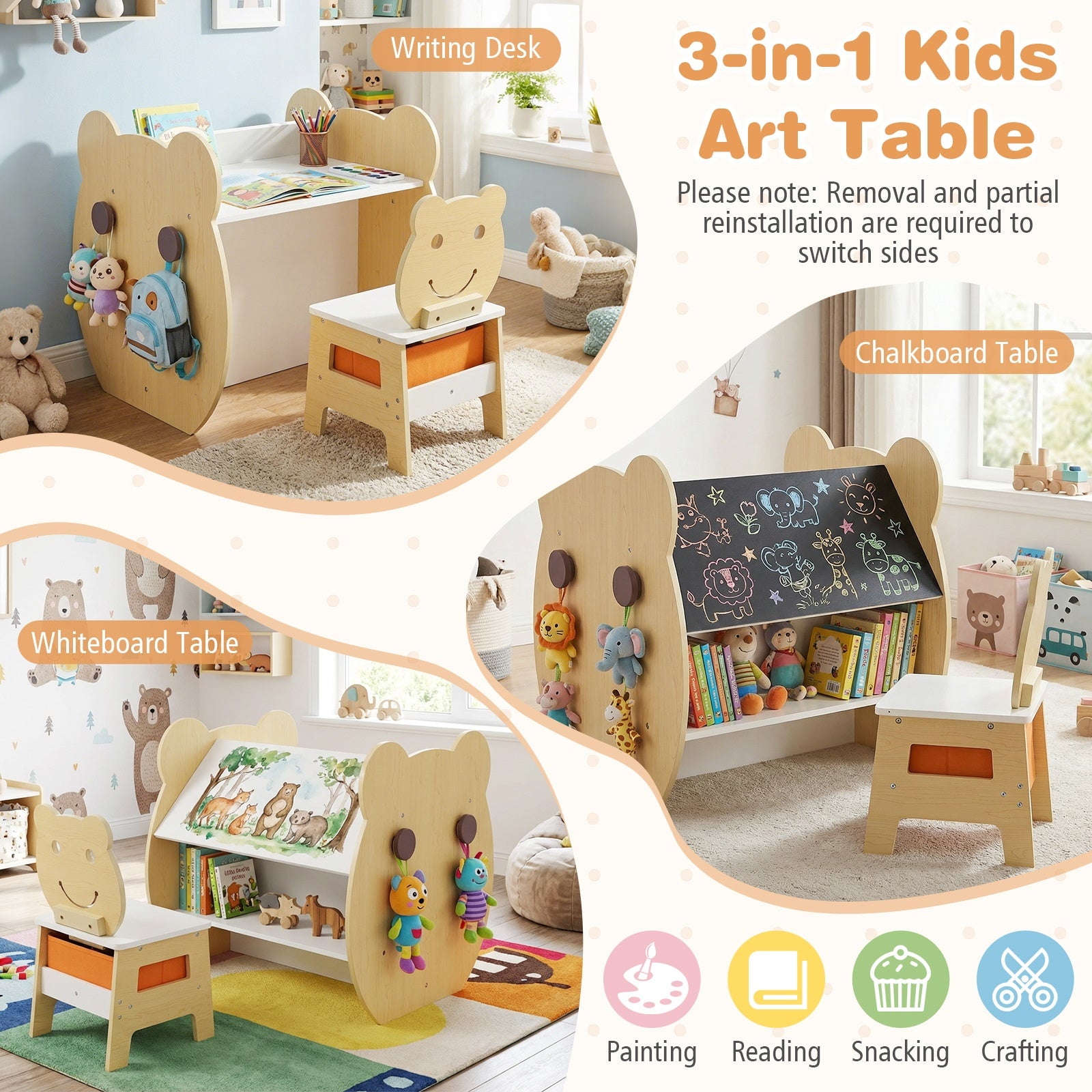 Kids' Art Table and Chair 3-in-1 Toddler Activity Table with Storage-Natural