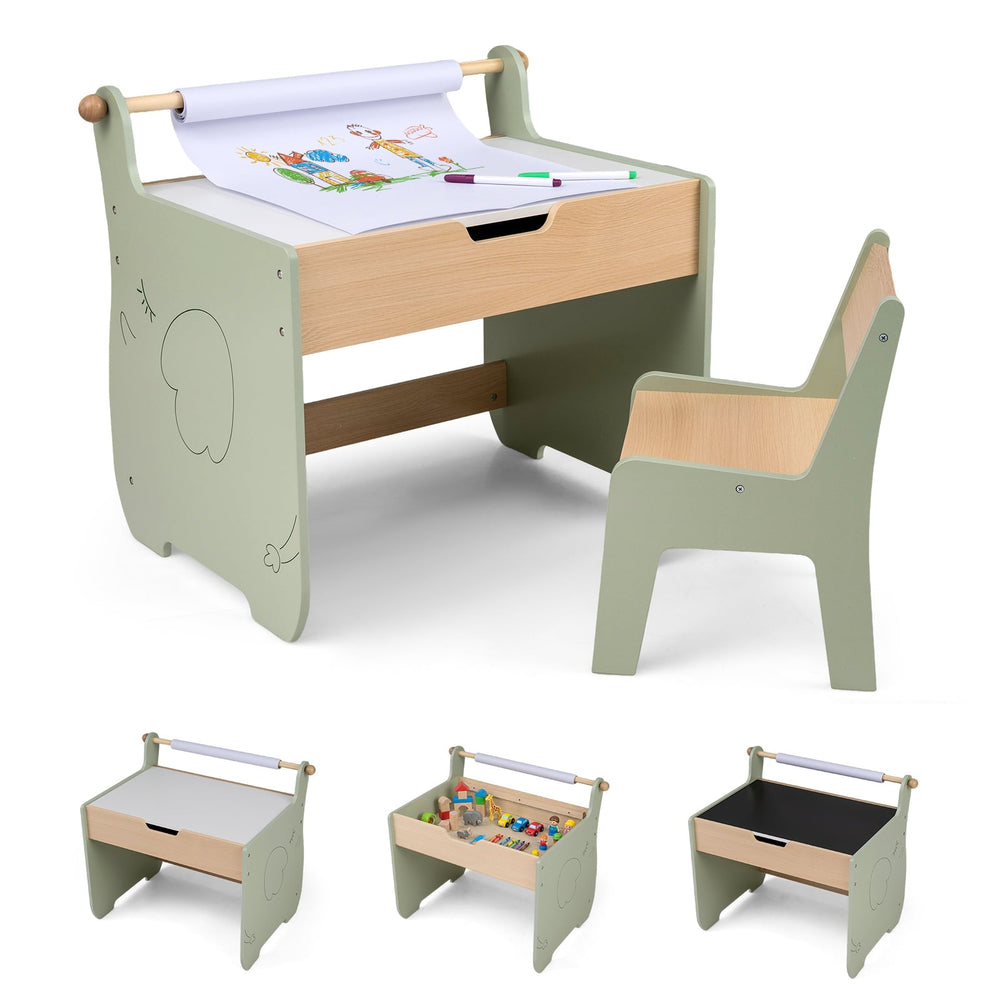 Kids Art Table and Chair Set with Paper Roll for Drawing-Green