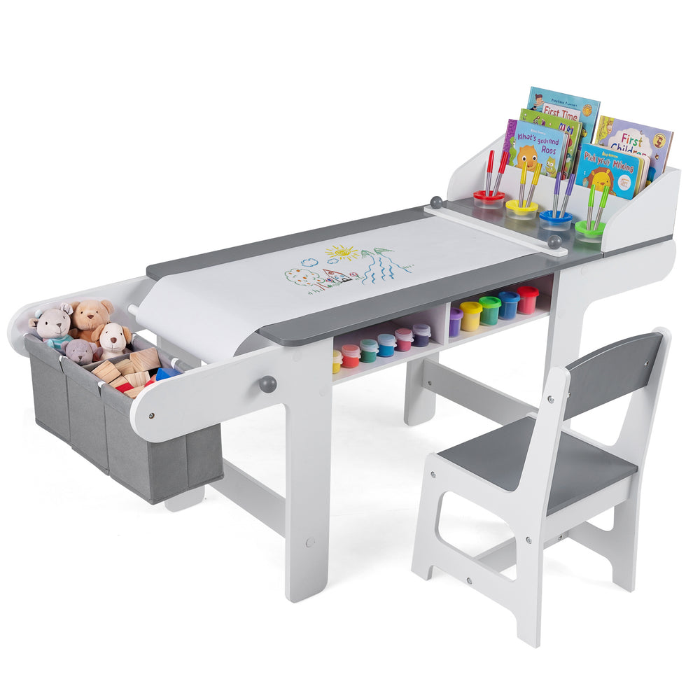 Kids Art Table with Paper Roll and Fabric Bins for Drawing Reading and Playing-Grey