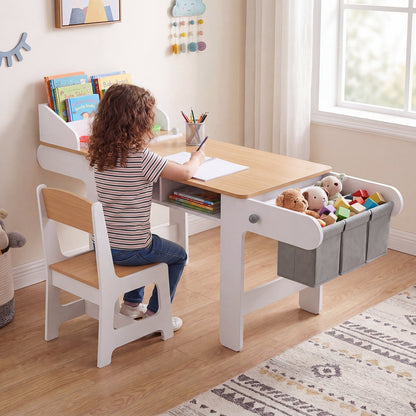 Kids Art Table with Paper Roll and Fabric Bins for Drawing Reading and Playing-Natural