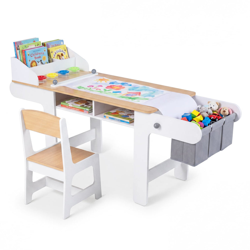 Kids Art Table with Paper Roll and Fabric Bins for Drawing Reading and Playing-Natural
