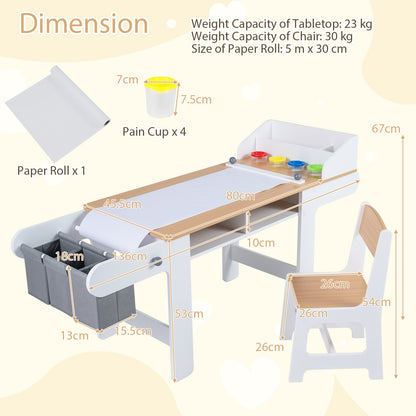 Kids Art Table with Paper Roll and Fabric Bins for Drawing Reading and Playing-Natural