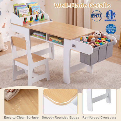 Kids Art Table with Paper Roll and Fabric Bins for Drawing Reading and Playing-Natural