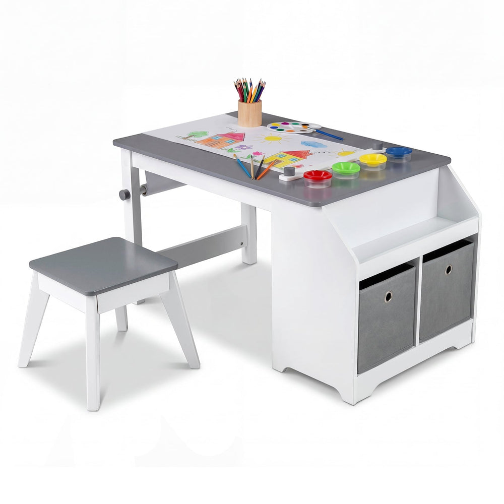 Kids Art Table with Paper Roll and Storage Shelves for Playroom Nursery-Gray