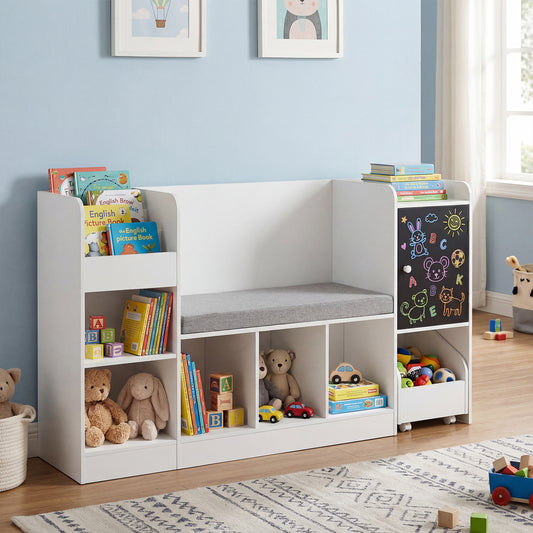 Kids Bookcase and Bookshelf with Reading Nook Toy Storage Organizer with Padded Seat Cushion-White
