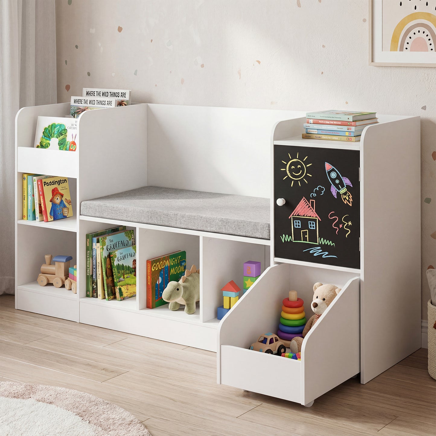 Kids Bookcase and Bookshelf with Reading Nook Toy Storage Organizer with Padded Seat Cushion-White