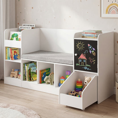 Kids Bookcase and Bookshelf with Reading Nook Toy Storage Organizer with Padded Seat Cushion-White