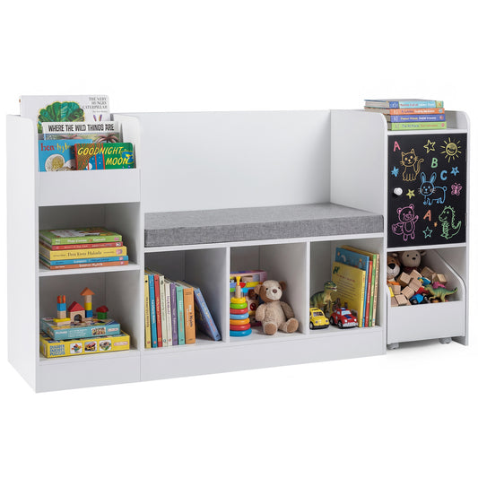 Kids Bookcase and Bookshelf with Reading Nook Toy Storage Organizer with Padded Seat Cushion-White