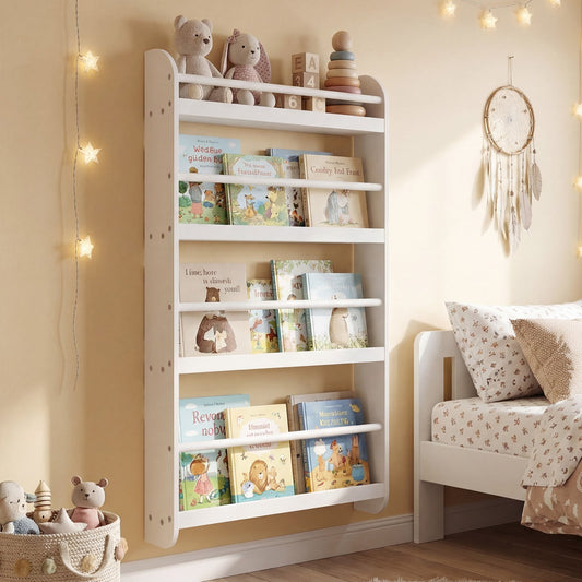 Kids Bookshelf 4-Tier Wall Mounted Book Shelf for Toys and Books-White
