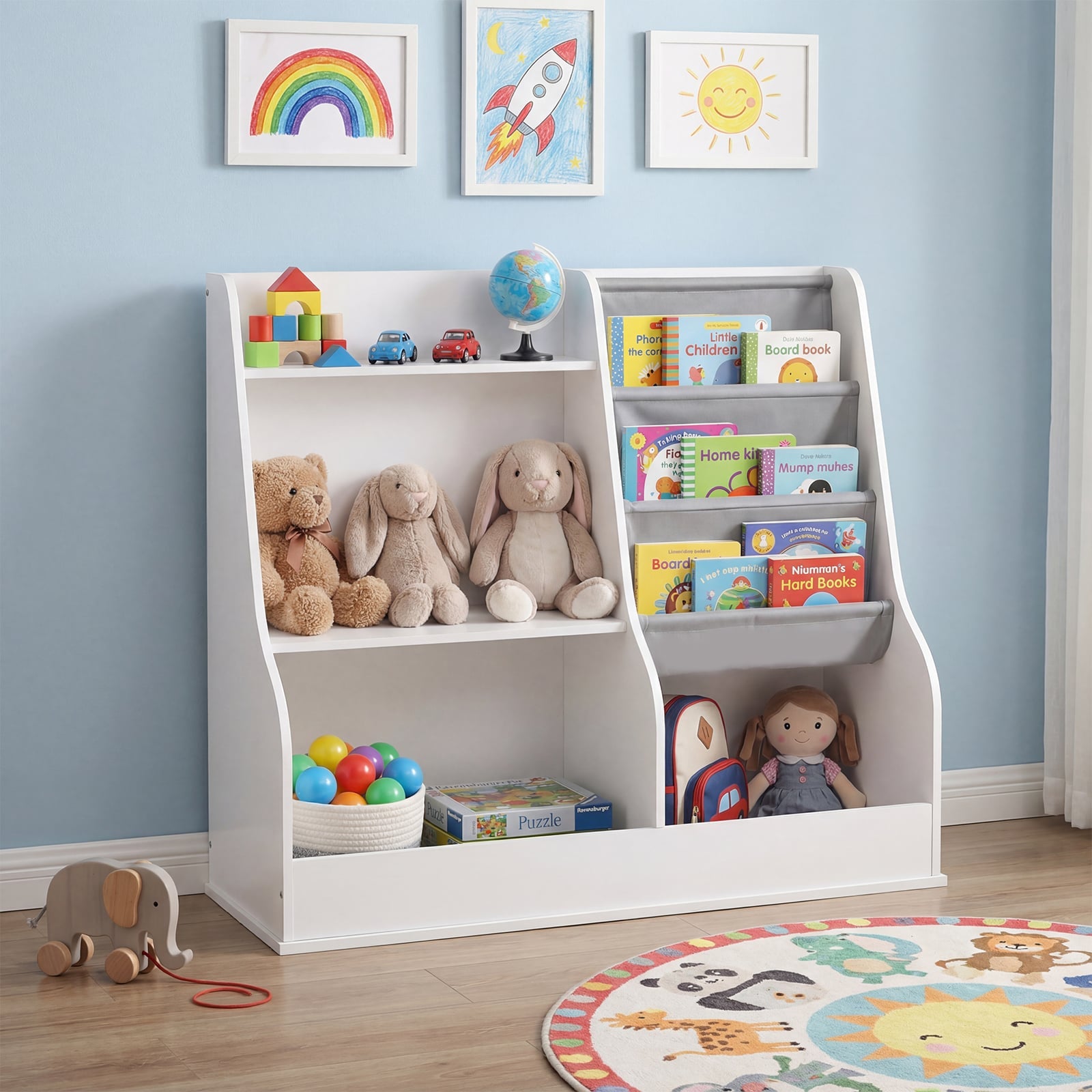 Kids Bookshelf 80 CM Wooden Toy Storage Organizer with 3 Tiers of Fabric Pockets-White