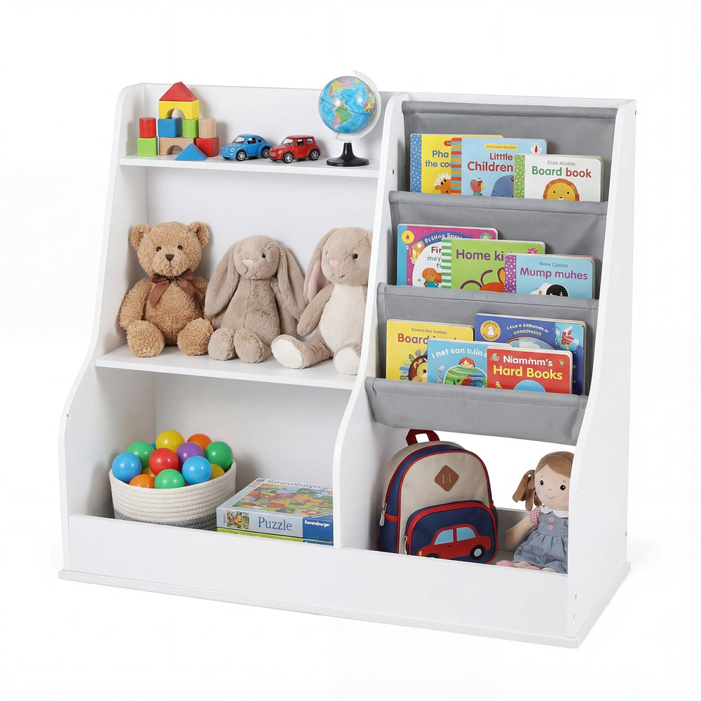 Kids Bookshelf 80 CM Wooden Toy Storage Organizer with 3 Tiers of Fabric Pockets-White