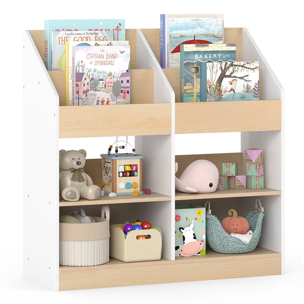 Kids Bookshelf Toddler Book Stand with 4 Upright Cubes and 4 Storage Compartments-White