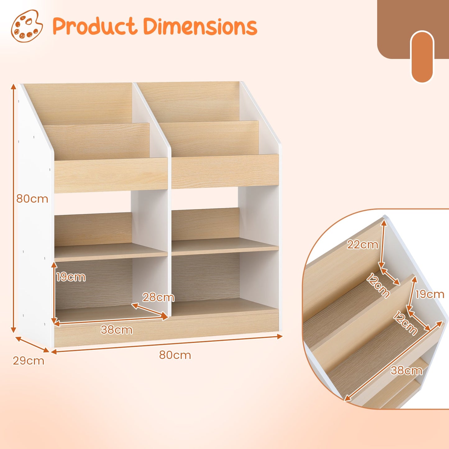 Kids Bookshelf Toddler Book Stand with 4 Upright Cubes and 4 Storage Compartments-White