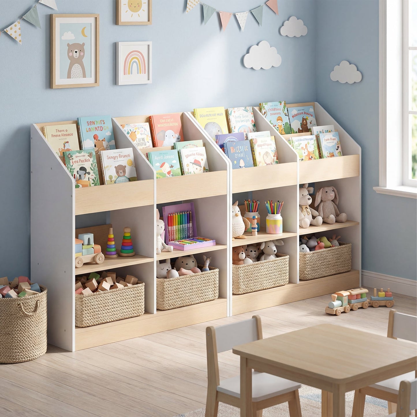 Kids Bookshelf Toddler Book Stand with 4 Upright Cubes and 4 Storage Compartments-White