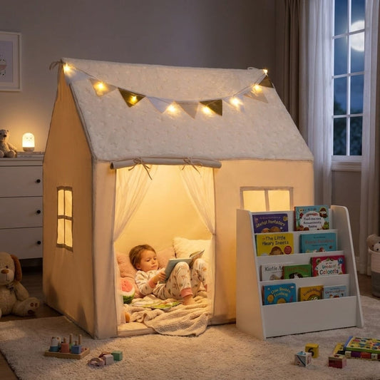 Kids Bookshelf & Toddler Playhouse Set with Glow Stars