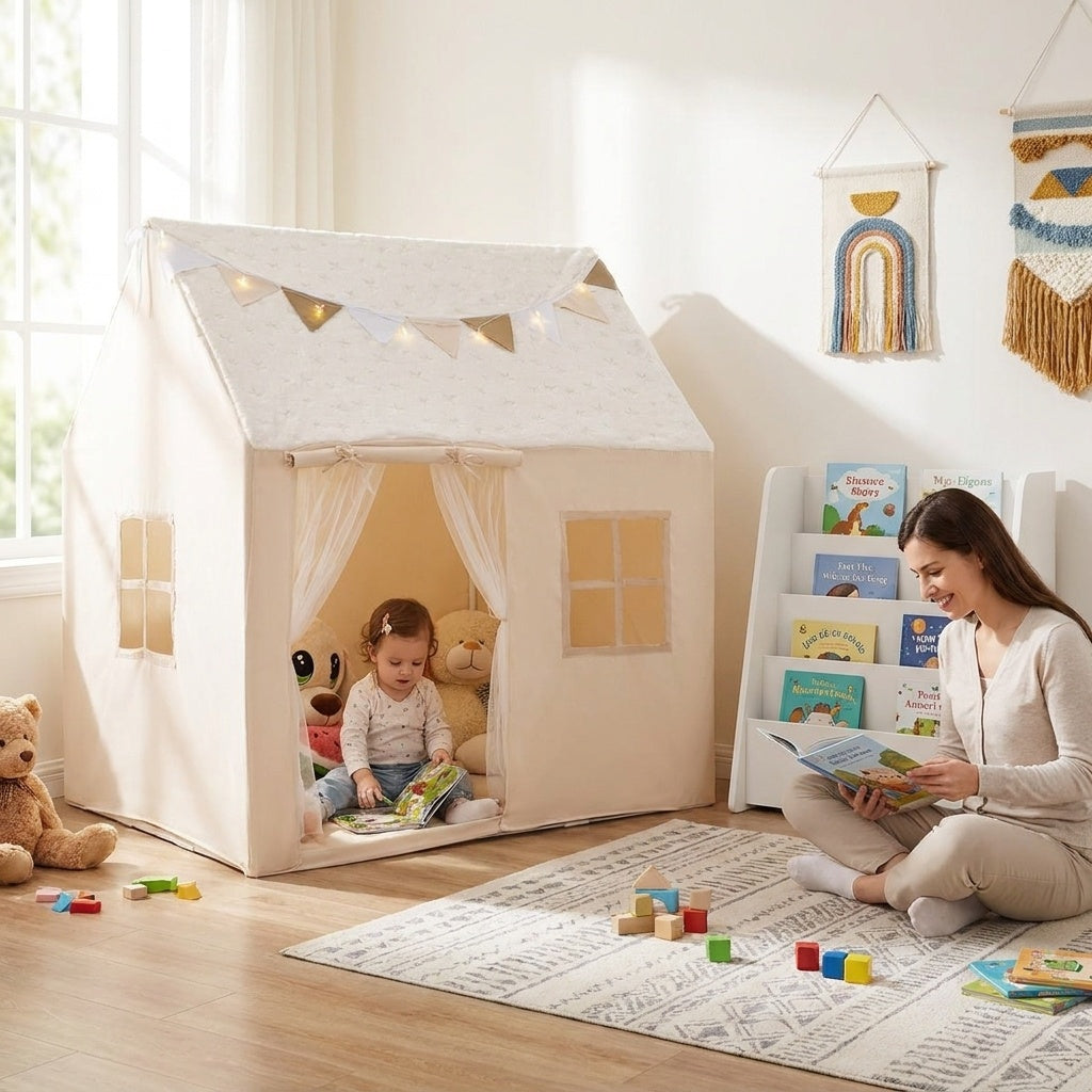 Kids Bookshelf & Toddler Playhouse Set with Glow Stars