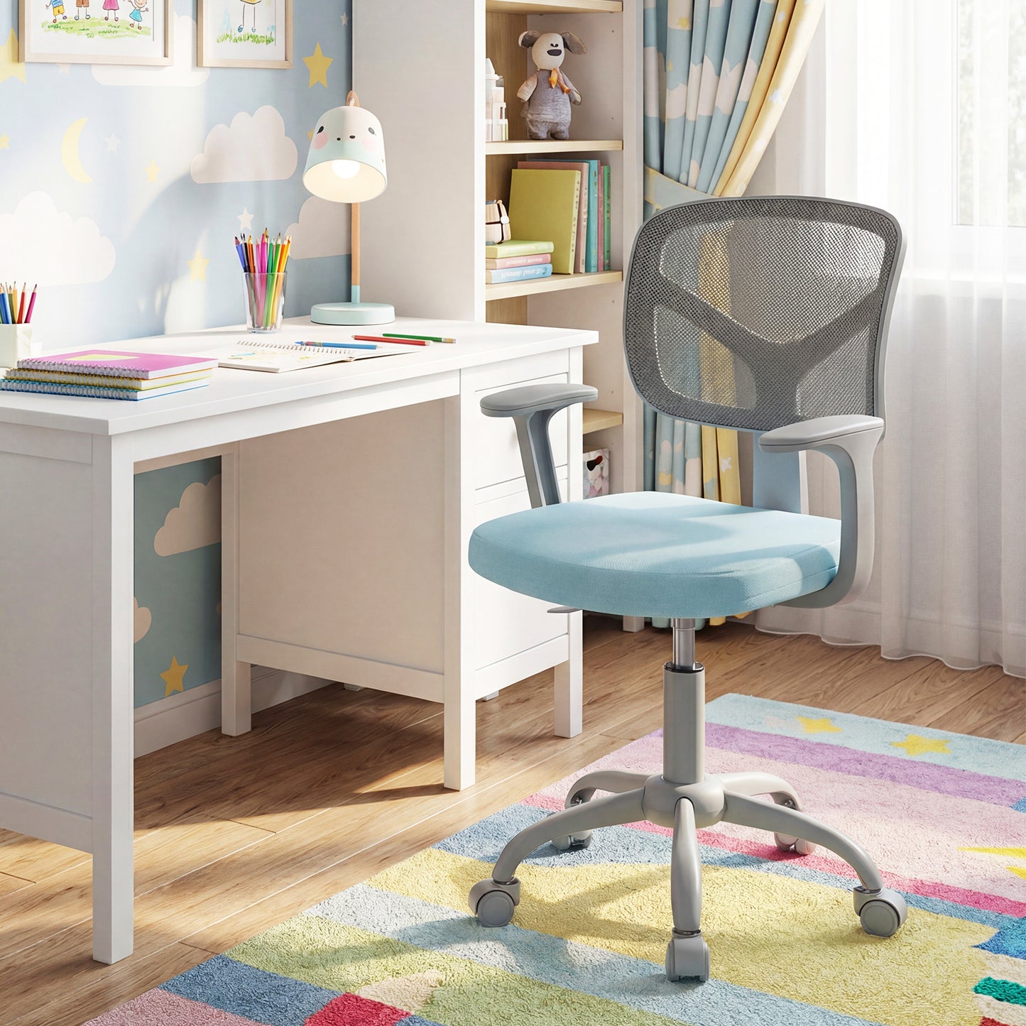 Kids Desk Chair with Adjustable Seat Height and Swivel Wheels for Ages 3+-Blue
