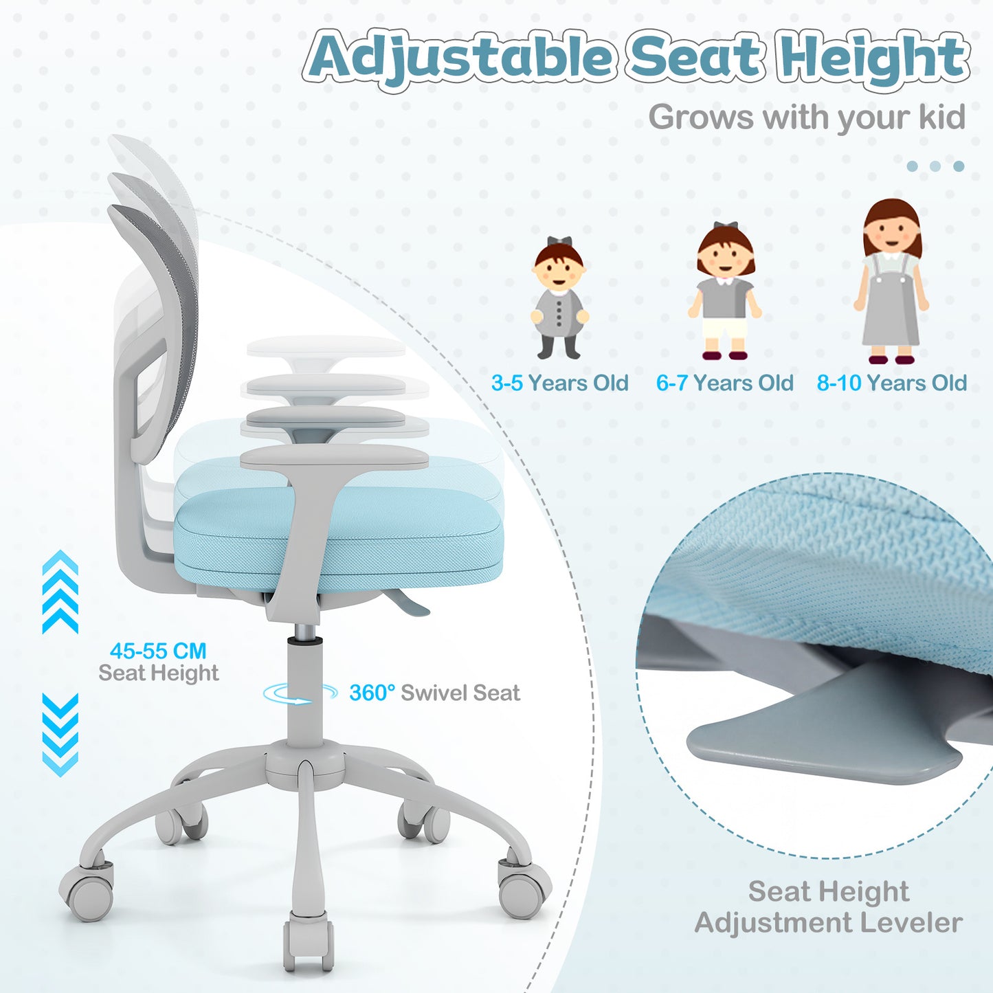 Kids Desk Chair with Adjustable Seat Height and Swivel Wheels for Ages 3+-Blue