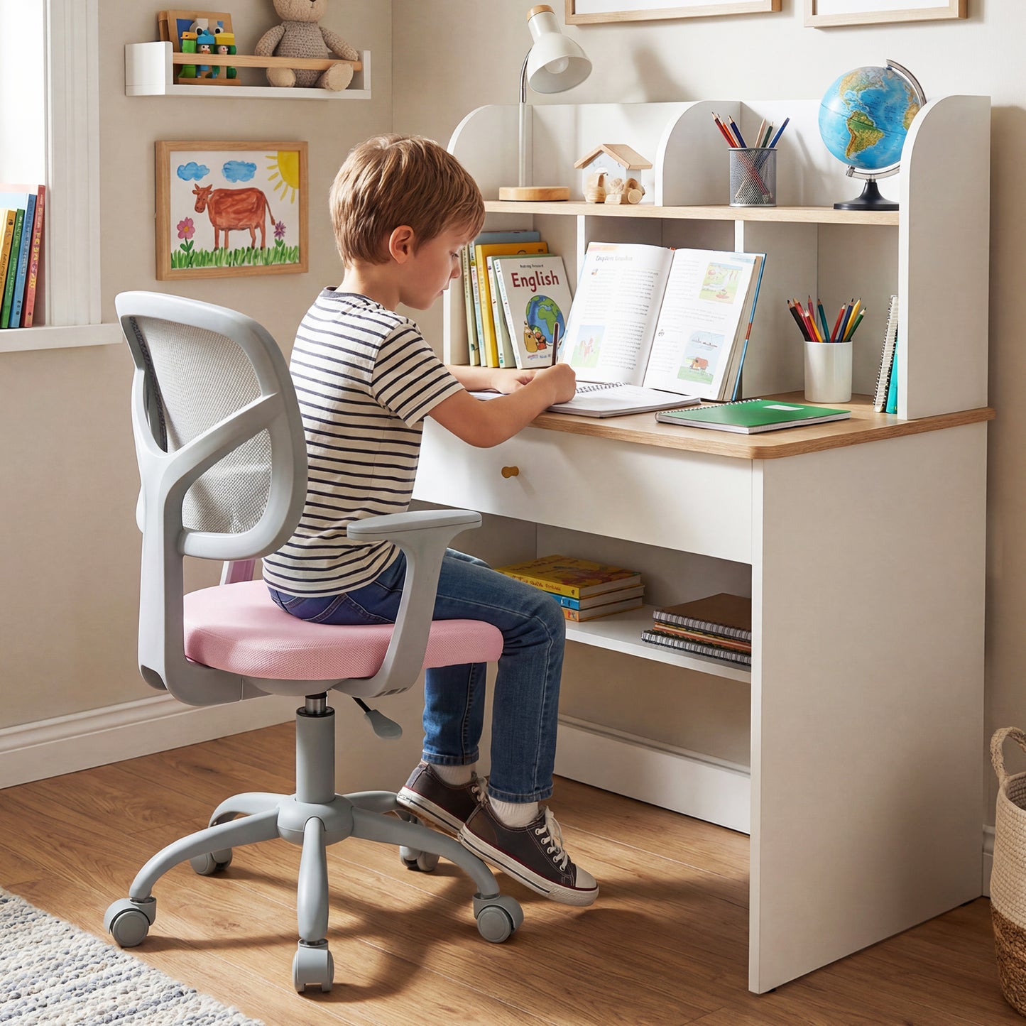 Kids Desk Chair with Adjustable Seat Height and Swivel Wheels for Ages 3+-Pink