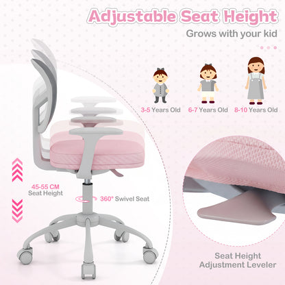 Kids Desk Chair with Adjustable Seat Height and Swivel Wheels for Ages 3+-Pink