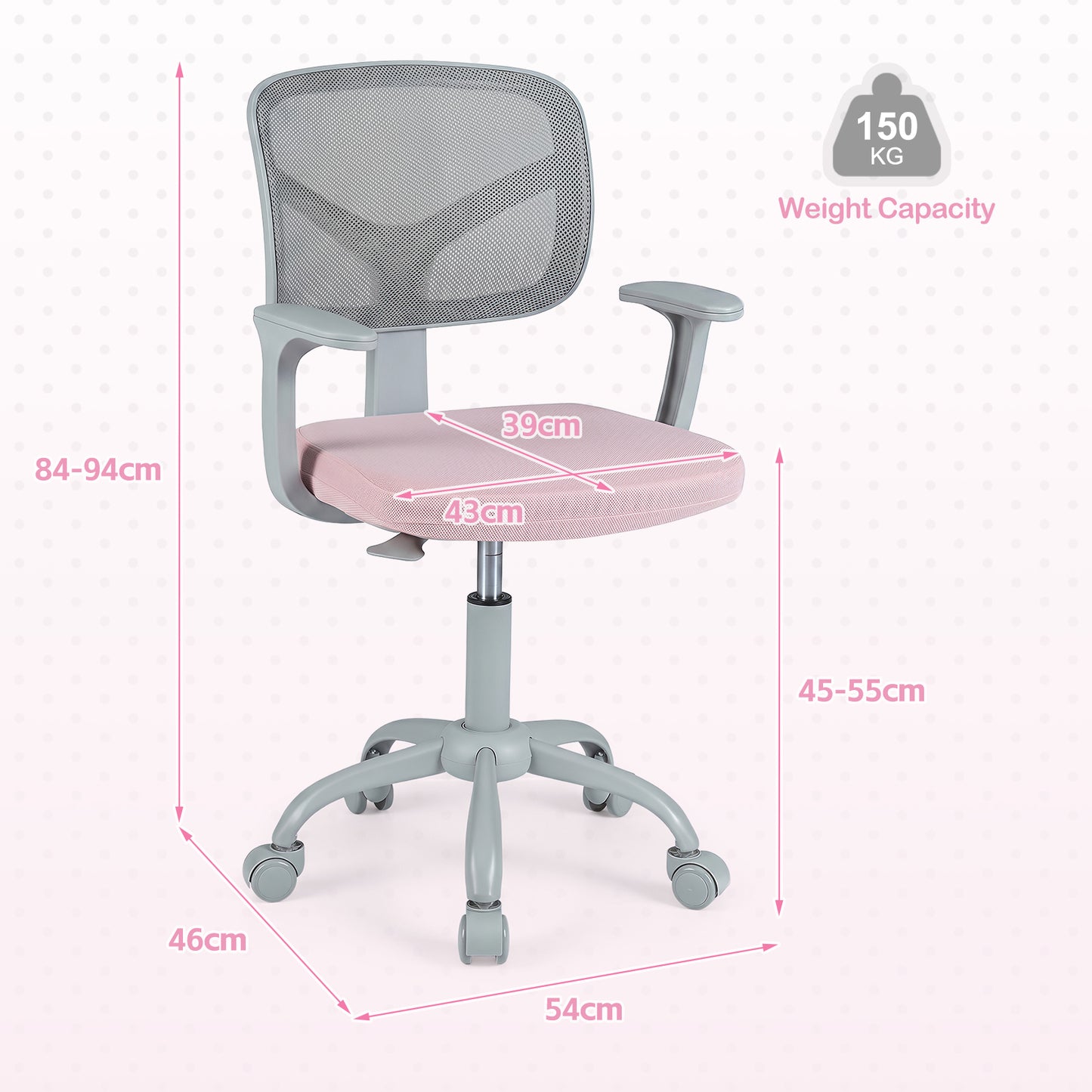 Kids Desk Chair with Adjustable Seat Height and Swivel Wheels for Ages 3+-Pink