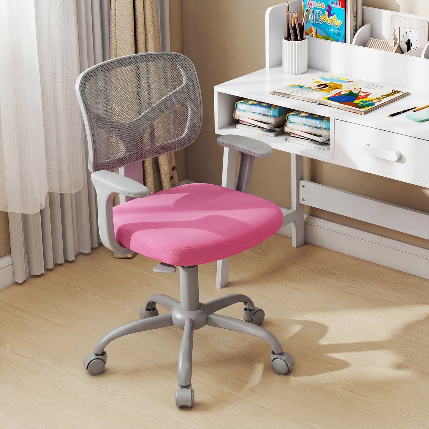 Kids Desk Chair with Adjustable Seat Height and Swivel Wheels for Ages 3+-Rose