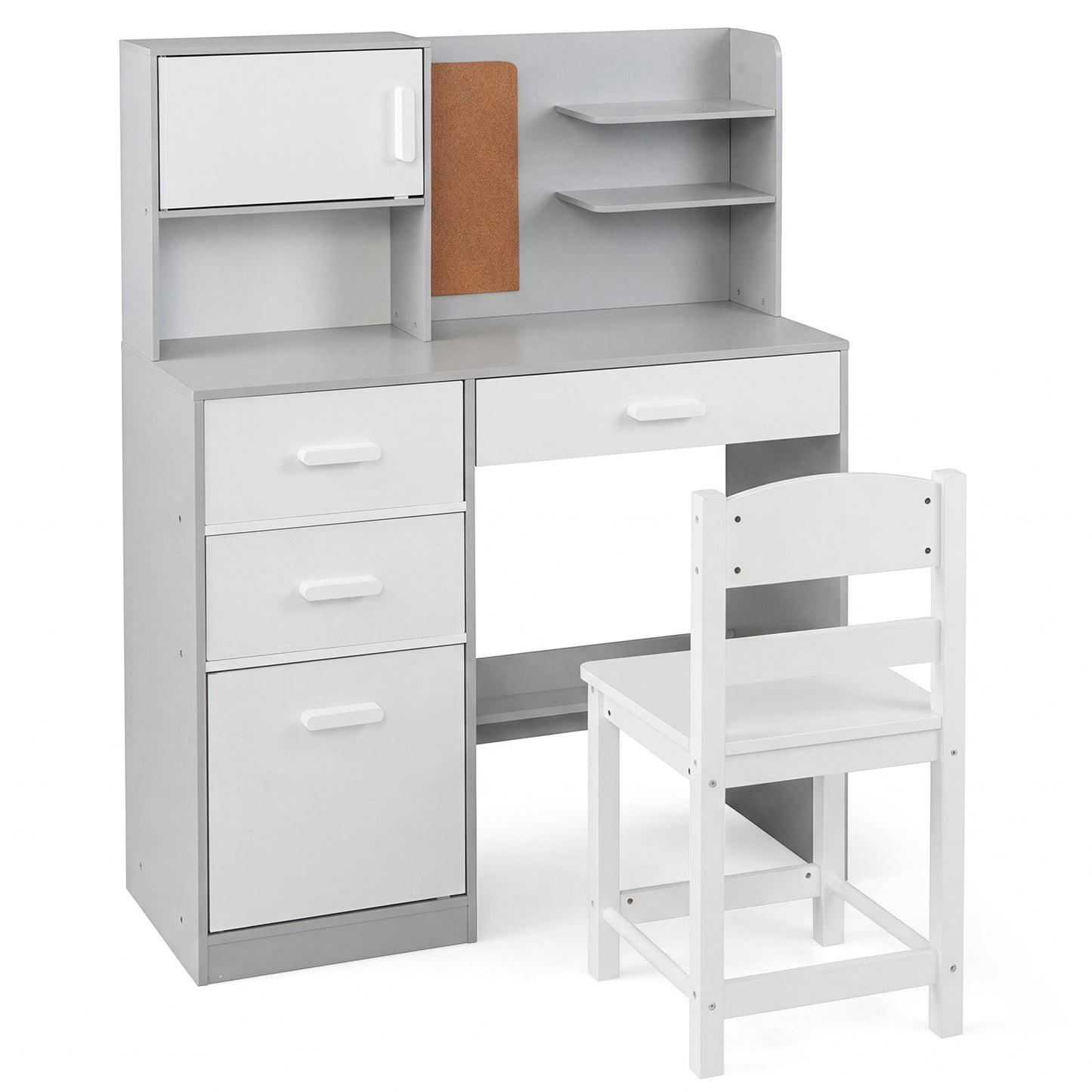 Kids Desk and Chair Set Study Table with Hutch Bulletin Board 3 Drawers-Grey